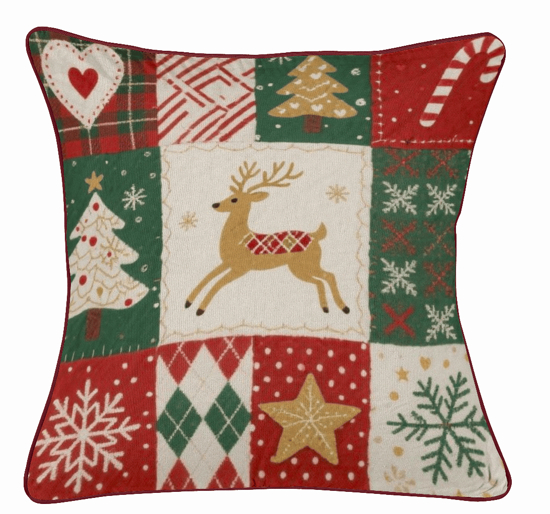 Christmas Throw Pillow – Festive Cotton Blend Patchwork Cushion with Reindeer & Candy Cane Design