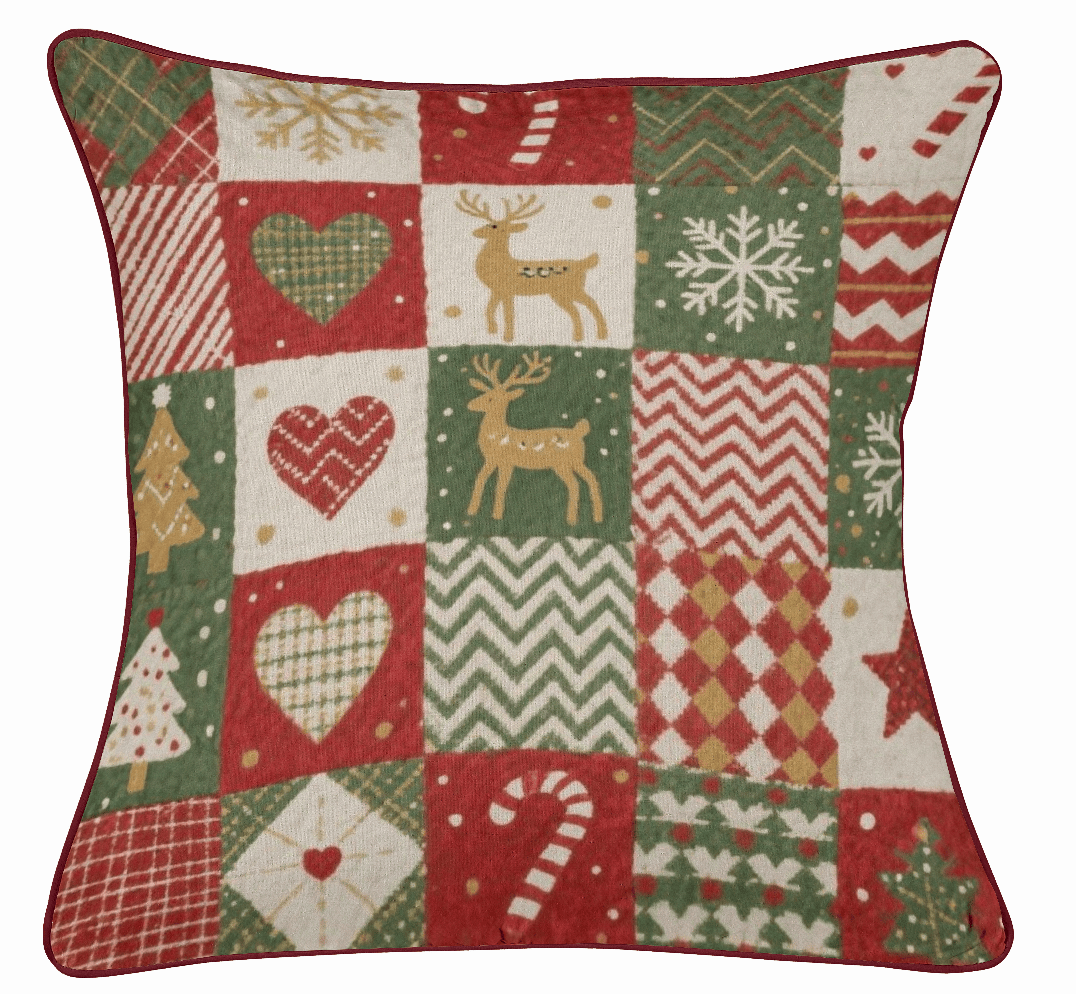 Christmas Throw Pillow – Festive Cotton Blend Patchwork Cushion with Reindeer & Candy Cane Design