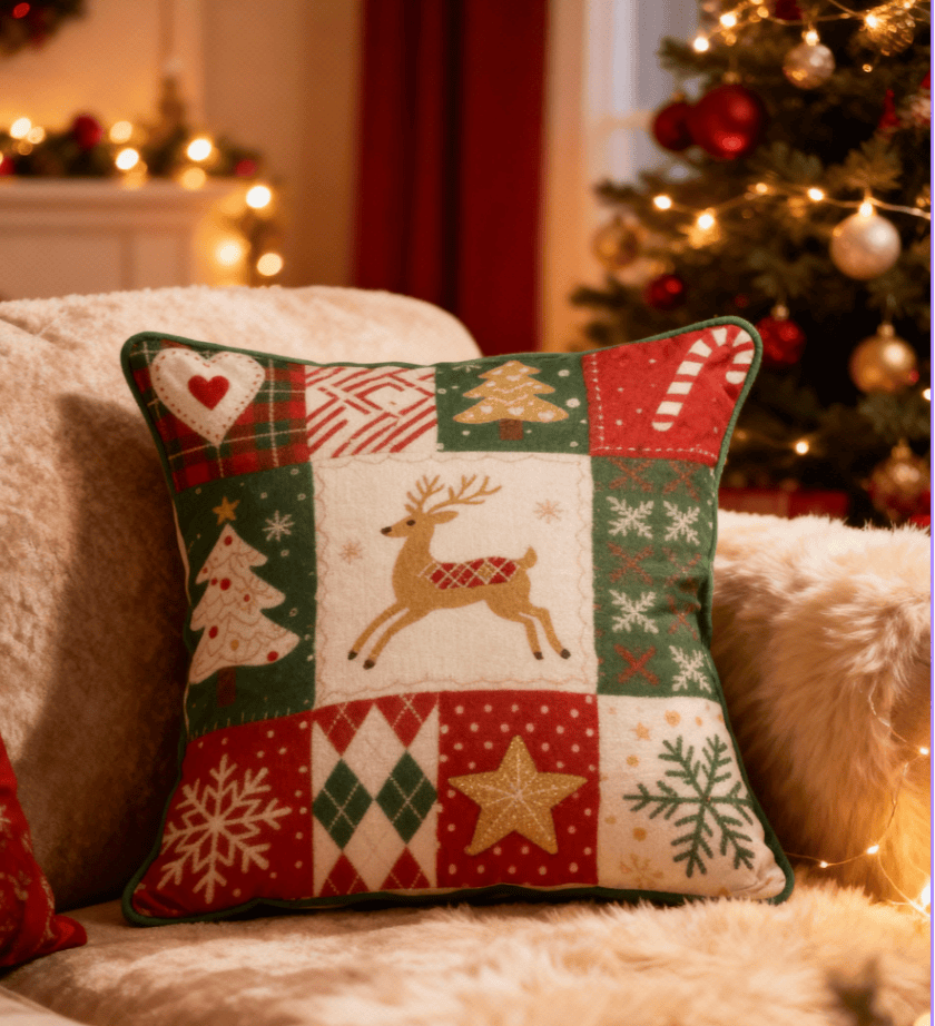 Christmas Throw Pillow – Festive Cotton Blend Patchwork Cushion with Reindeer & Candy Cane Design