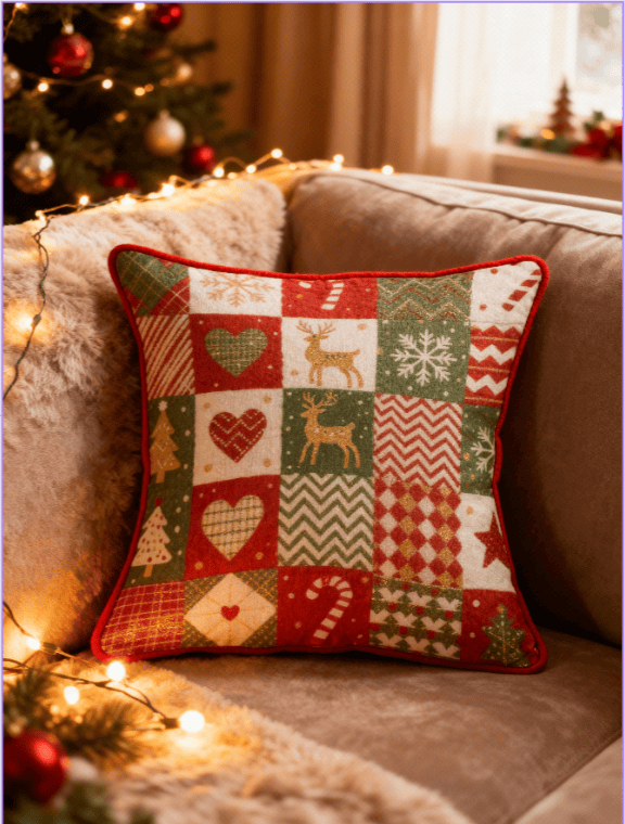 Christmas Throw Pillow – Festive Cotton Blend Patchwork Cushion with Reindeer & Candy Cane Design