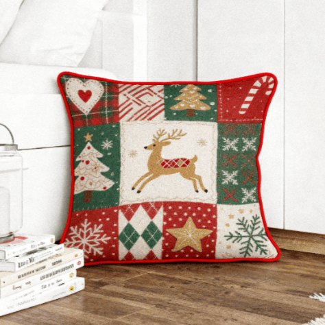 Christmas Throw Pillow – Festive Cotton Blend Patchwork Cushion with Reindeer & Candy Cane Design