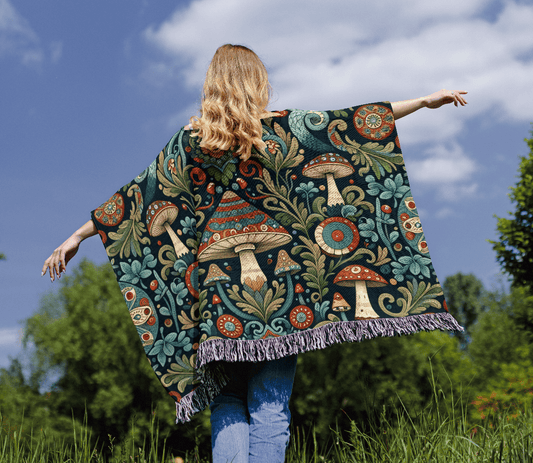 Forest Mushroom Motif Boho Poncho, 50" x 60"