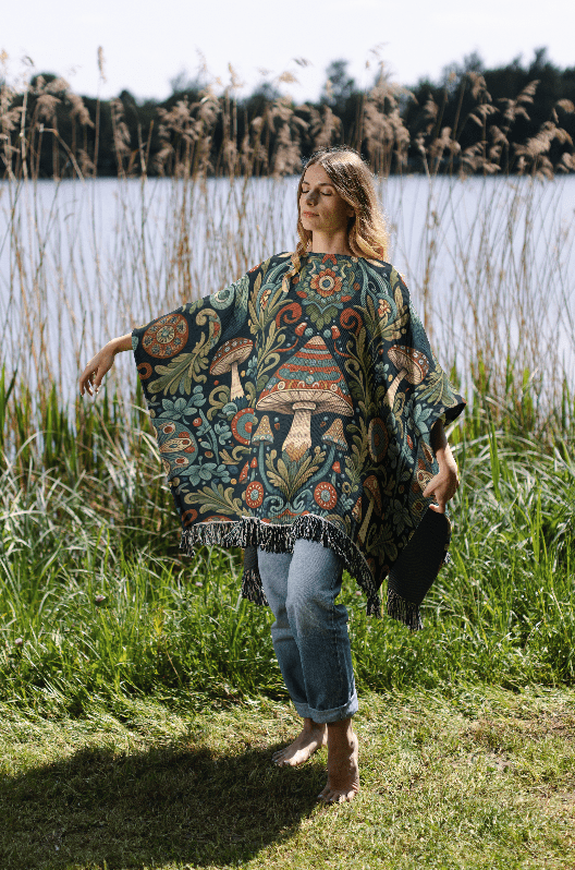 Forest Mushroom Motif Boho Poncho, 50" x 60"