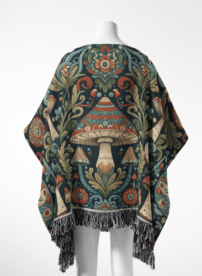 Forest Mushroom Motif Boho Poncho, 50" x 60"