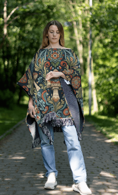 Forest Mushroom Motif Boho Poncho, 50" x 60"