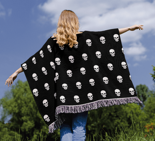 Goth Skull Woven Cotton Skeleton Poncho, 50" x 60"