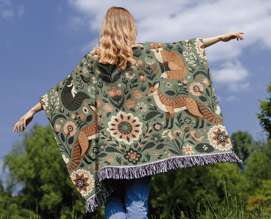 Woodland Motif Woven Cotton Festival Poncho, 50" x 60"