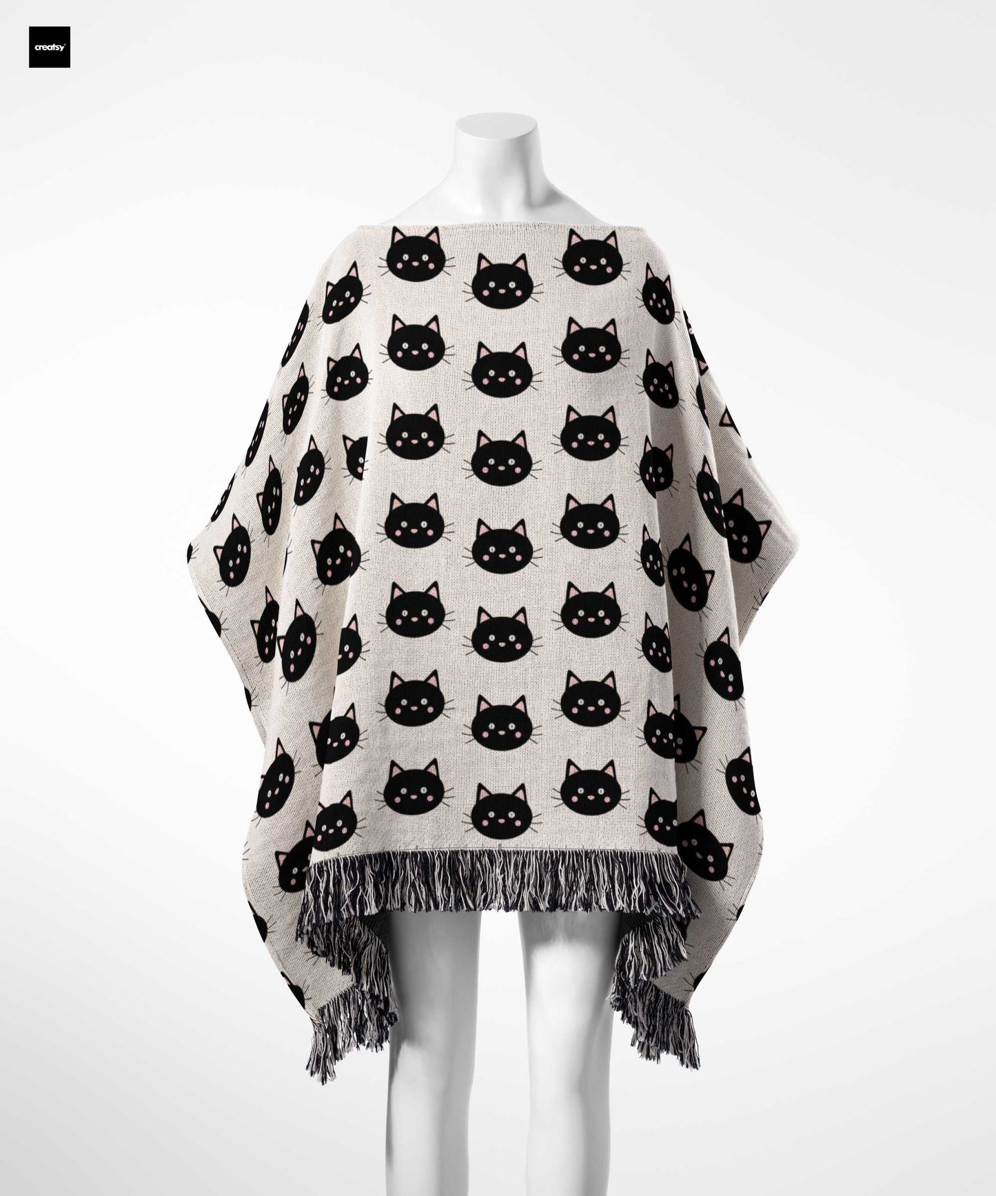 Cute Cat Poncho, Woven Cotton Wearable Black Kitty Blanket, Cute Halloween Minimalist Poncho Cozy Gift for Cat Lover, Unisex 50" x 60"