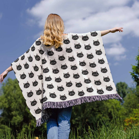 Cute Cat Poncho, Woven Cotton Wearable Black Kitty Blanket, Cute Halloween Minimalist Poncho Cozy Gift for Cat Lover, Unisex 50" x 60"