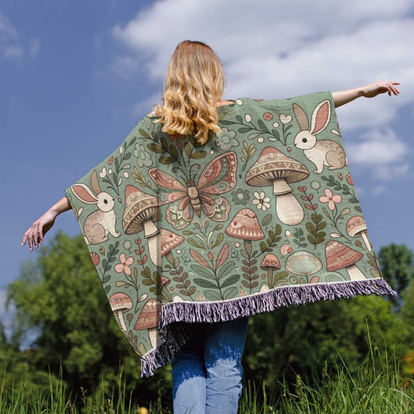 Fairycore Mushrooms Woodland Poncho, Nature-Inspired Woven Cotton Bunny Moth Wearable Blanket, Whimsical Forest Boho Gift for Her 50" x 60"