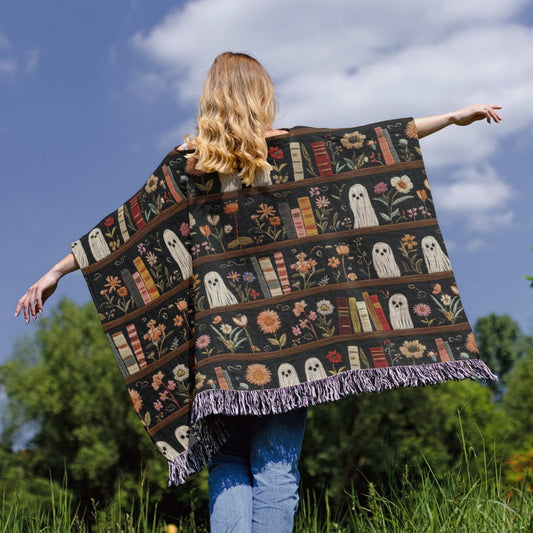 Bookish Dark Academia Poncho, Cute Ghosts on Bookshelves Woven Cotton Wearable Blanket, Whimsical Ghosts Gift for Book Lover, 50" x 60"