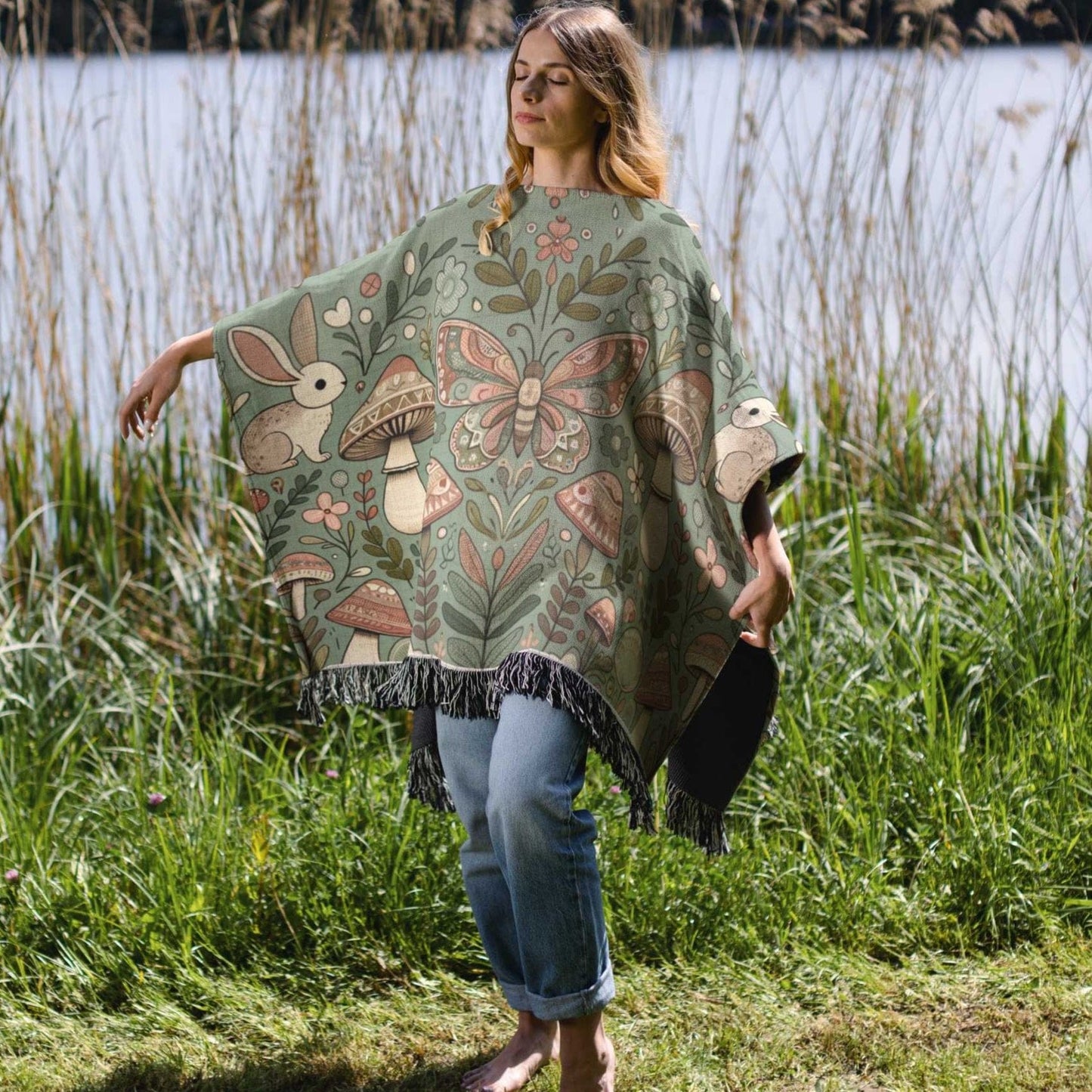 Fairycore Mushrooms Woodland Poncho, Nature-Inspired Woven Cotton Bunny Moth Wearable Blanket, Whimsical Forest Boho Gift for Her 50" x 60"