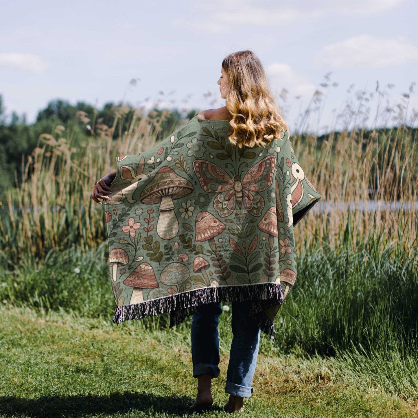 Fairycore Mushrooms Woodland Poncho, Nature-Inspired Woven Cotton Bunny Moth Wearable Blanket, Whimsical Forest Boho Gift for Her 50" x 60"