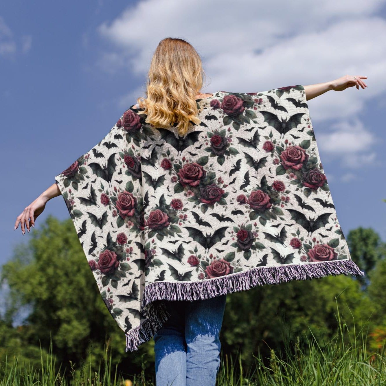 Goth Roses Poncho, Whimsigoth Woven Cotton Wearable Gothic Blanket, Dark Cute Halloween Bats Poncho Cozy Bats Gift for Her, Unisex 50" x 60"