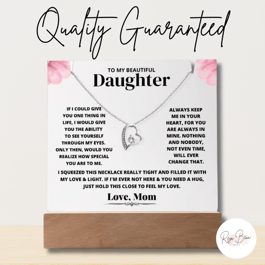 Daughter Birthday Going Away to College Keepsake Gift From Mom, To My Beautiful Daughter Acrylic Plaque Forever Love Necklace Bundle, Light Up Desk Plaque