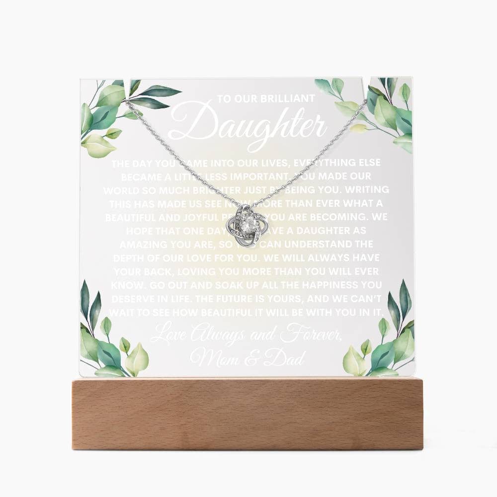 Letter to Daughter Light Up Acrylic Plaque Necklace Bundle, Greenery Love Knot Necklace Keepsake Acrylic, Daughter Birthday Night Light Gift