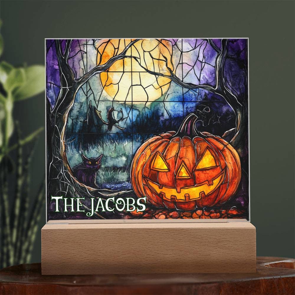 Custom Faux Stained Glass Halloween LED Light Up Acrylic Square Plaque, Personalized Halloween Decor Sign, Family Name Gift Lighted Sign