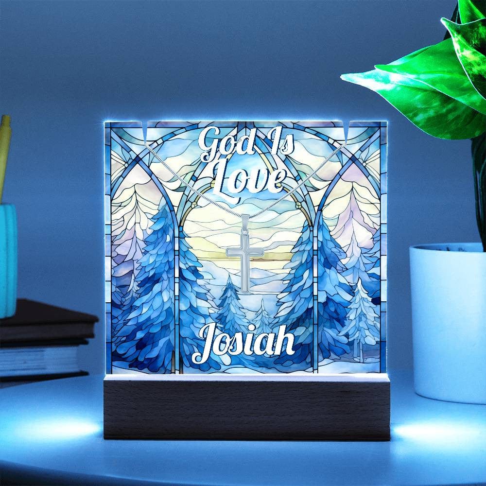 God Is Love Custom LED Acrylic Plaque Unisex Cross Necklace Bundle, Christian Religious Gift, Faux Stained Glass Light Up Desk Plaque Cross