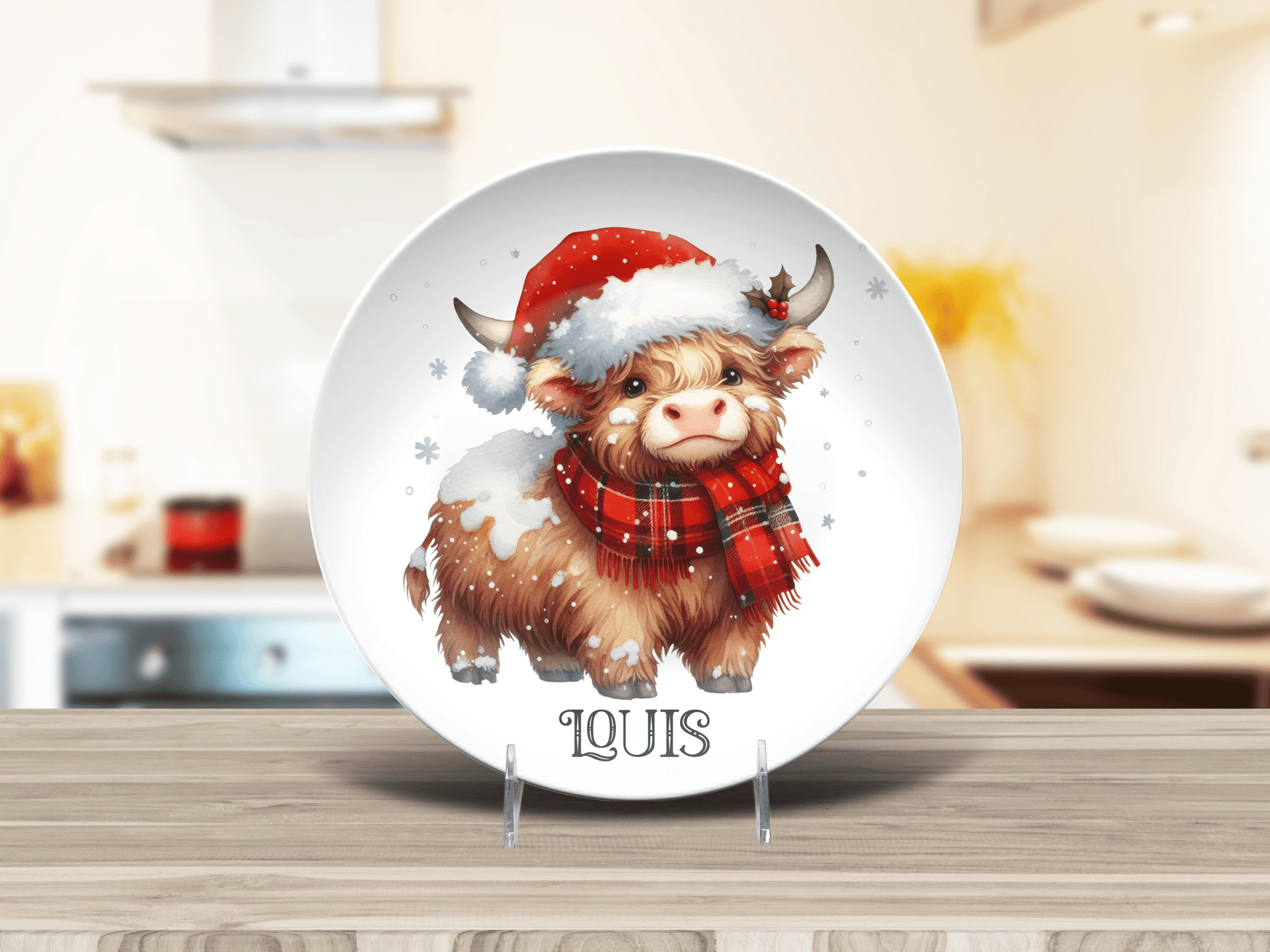 Highland Cow Christmas Plates, Unbreakable DecoPlate Dinnerware Set of 8 Cow Lover Design Xmas Dishes, Farmhouse Holiday Cow Dining Set Gift