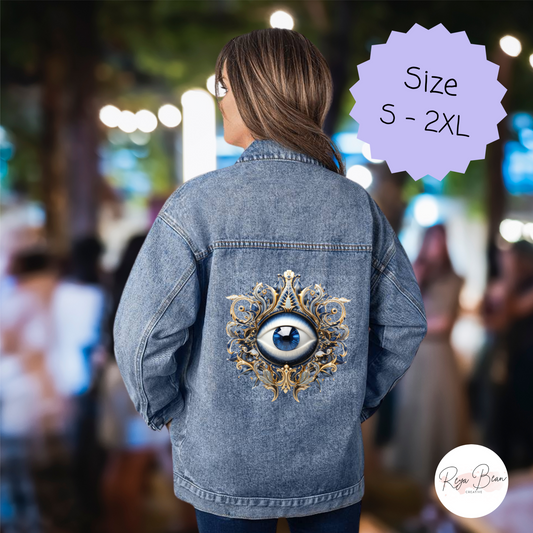 Evil Eye Jean Jacket, Eyeball Spiritual Protective Power Boho, Oversized Women's 90s Style Mystical Denim Printed Boyfriend Fit Coat for Her