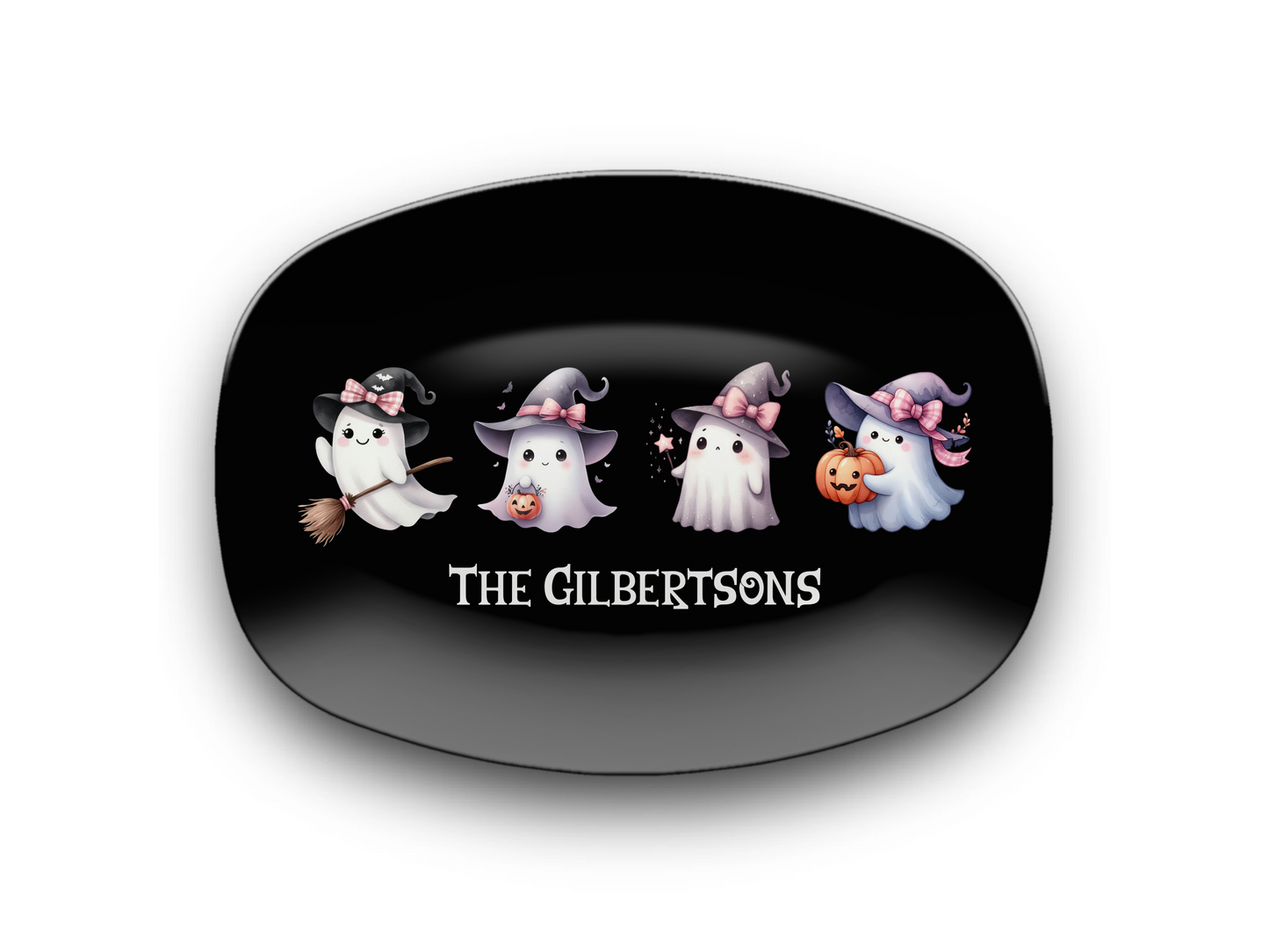 Custom Halloween Platter Family Name, Cute Coquette Ghosts, Personalized Candy Plate, Trick or Treat Unique Unbreakable Gift Tray 10 x 14"