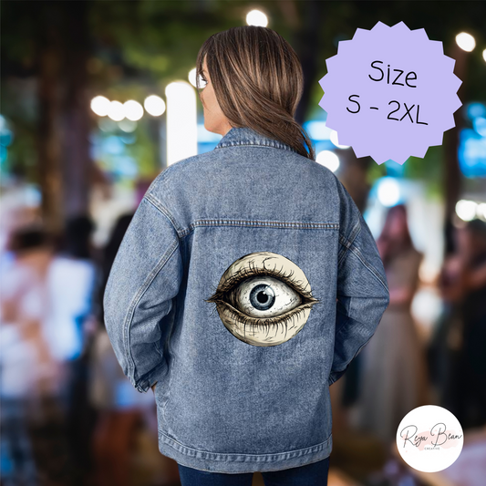 Evil Eye Jean Jacket, Gothic Protective Power Blue Eyeball, Oversized Women's 90s Style Mystical Denim Printed Boyfriend Fit Coat for Her