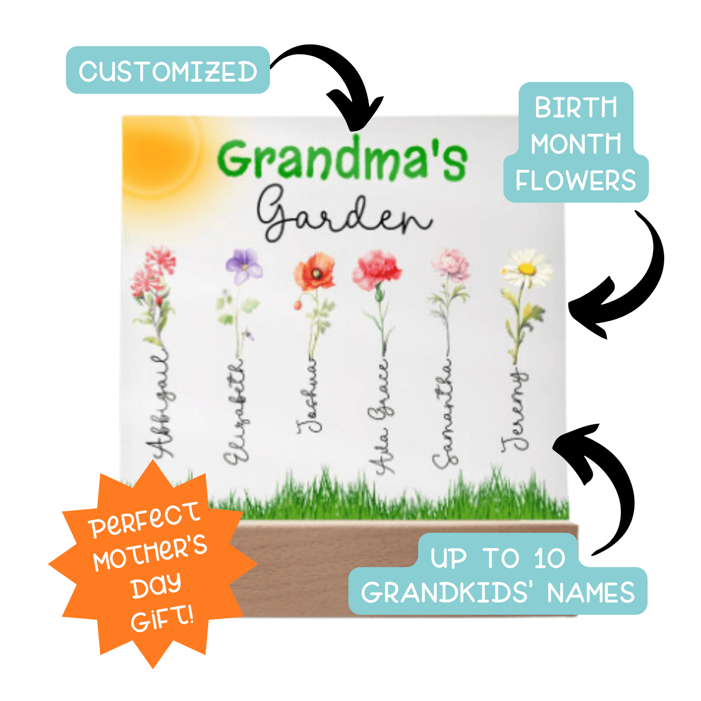 Grandma's Garden Custom Grandkids Names Birth Month Flowers - Acrylic Plaque