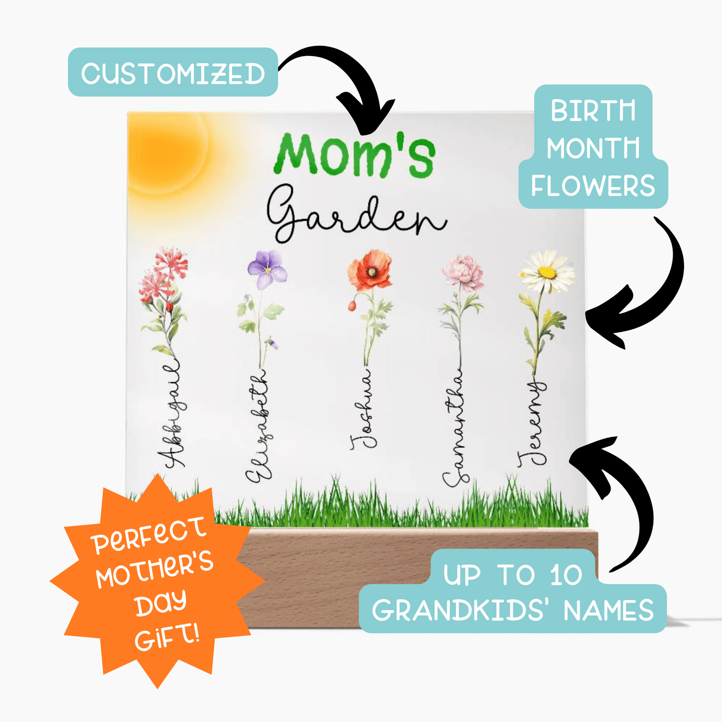 Mom's Garden Custom Kids' Names Birth Month Flowers - LED Lit Acrylic Square Plaque