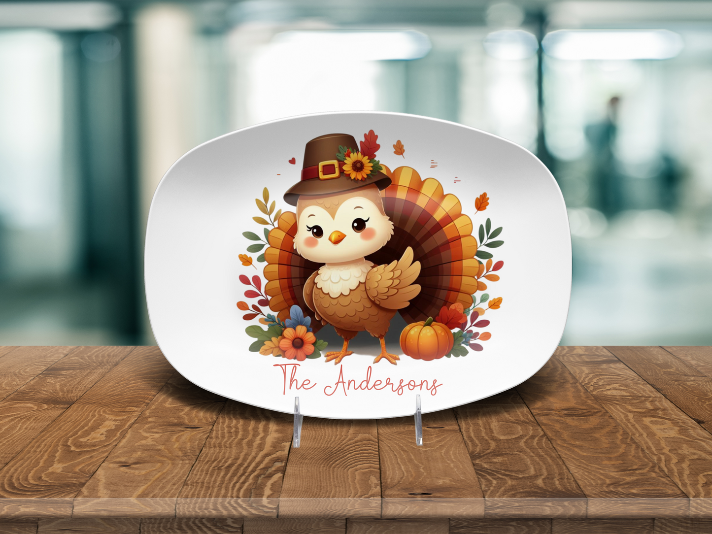 Custom Cute Turkey Thanksgiving Turkey Platter, Fall Harvest 10 x 14" Unbreakable DecoWare