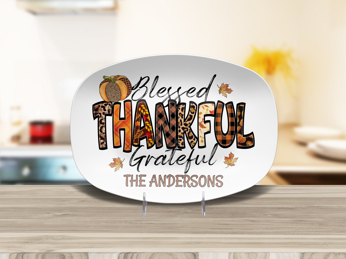 Custom Blessed Thankful Grateful Thanksgiving Platter, 10 x 14" Unbreakable DecoWare