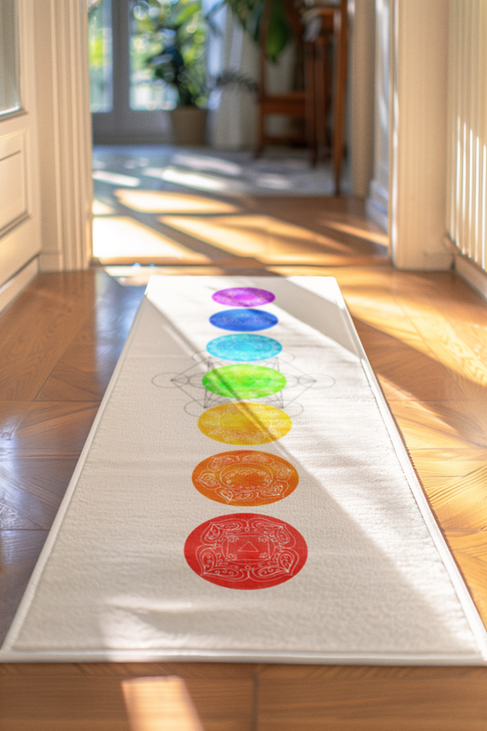 Chakras Indoor Rug Runner, Spiritual Yoga Studio Decor, Metatron's Cube Mindfulness Home, Rainbow Root to Crown Chakras, Boho Metaphysical