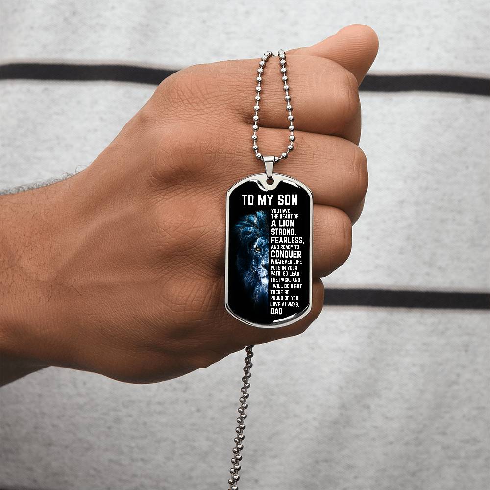 Custom To My Son Engraved Dog Tag Necklace from Dad - Strong Lion