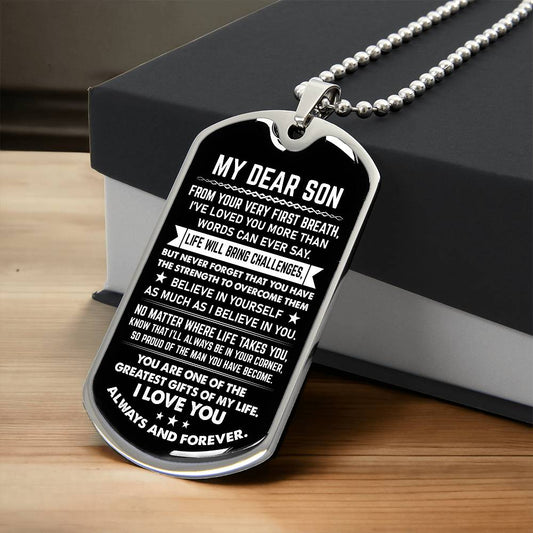 My Dear Son Engraved Dog Tag Necklace From Mom Or Dad