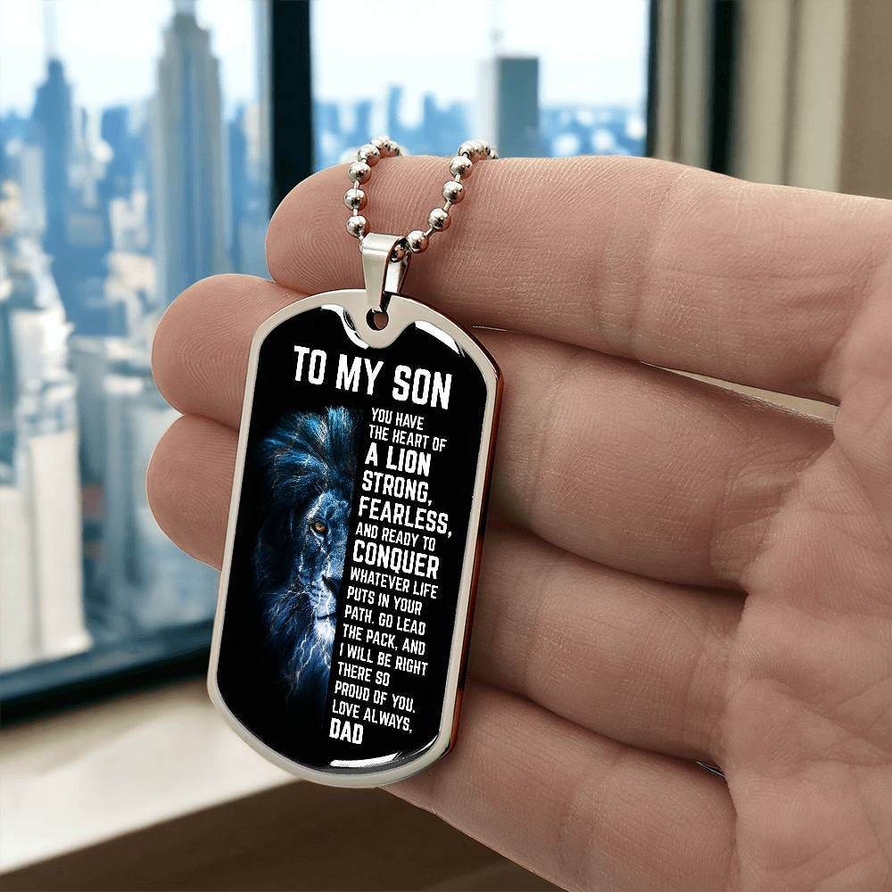 Custom To My Son Engraved Dog Tag Necklace from Dad - Strong Lion