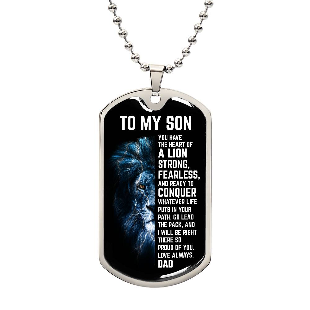 Custom To My Son Engraved Dog Tag Necklace from Dad - Strong Lion