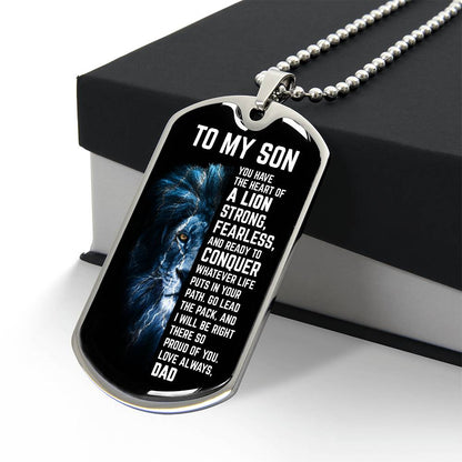 Custom To My Son Engraved Dog Tag Necklace from Dad - Strong Lion