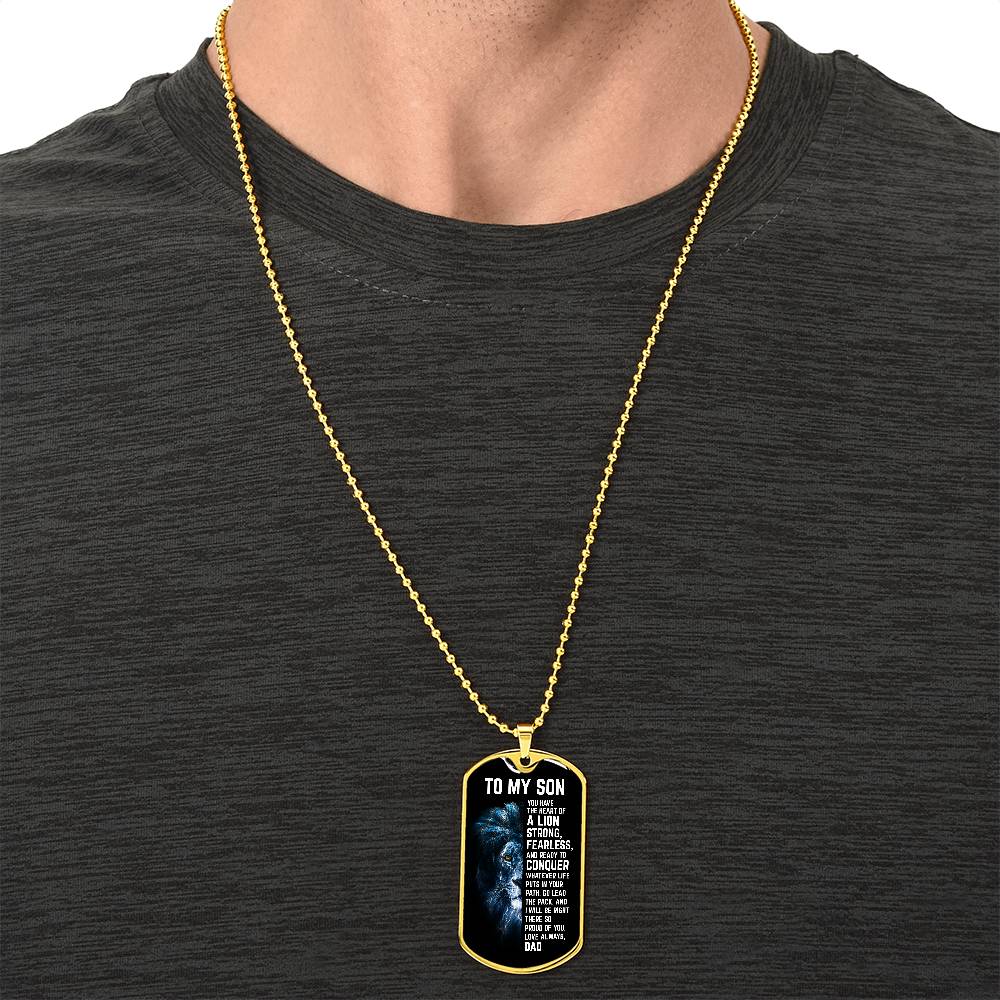 Custom To My Son Engraved Dog Tag Necklace from Dad - Strong Lion