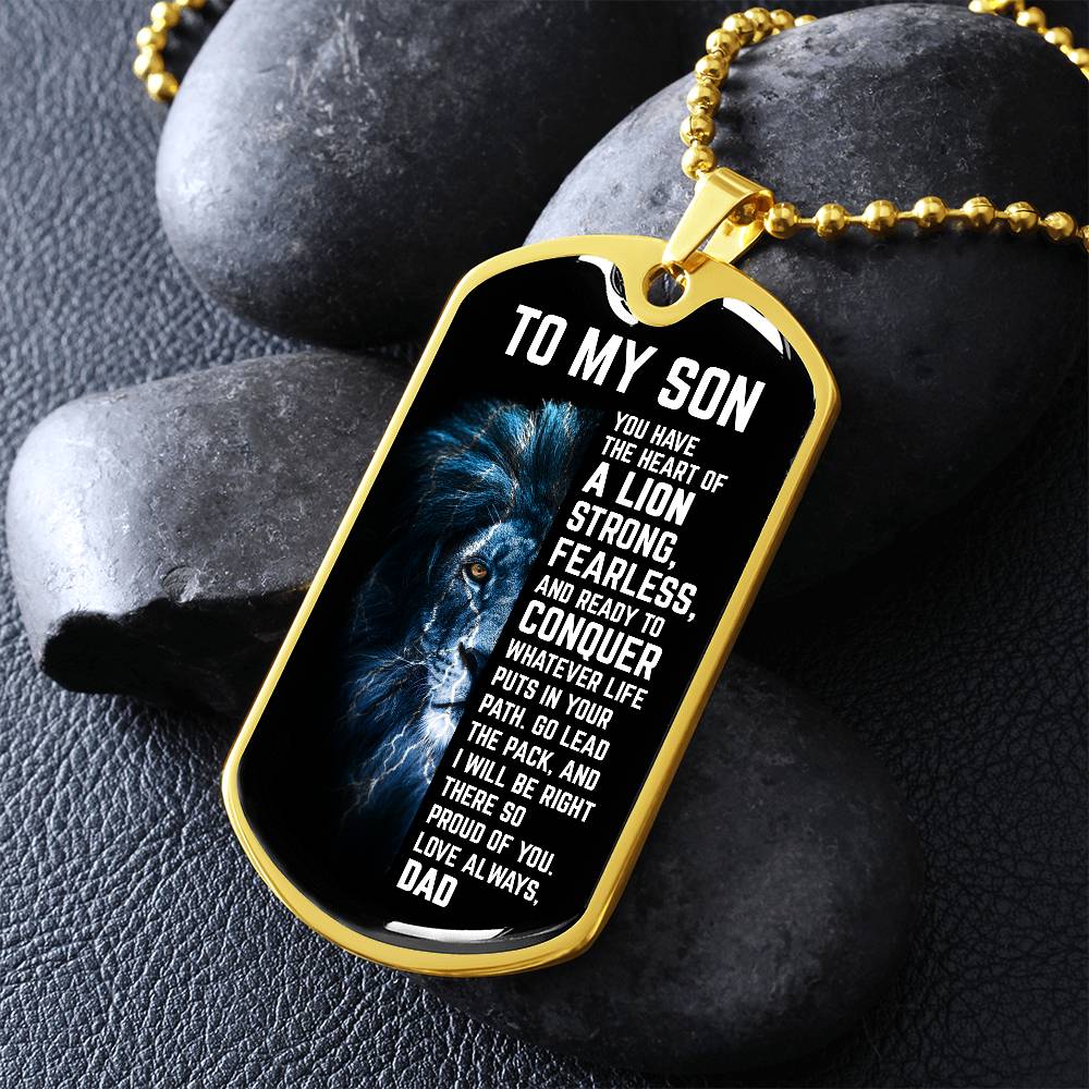 Custom To My Son Engraved Dog Tag Necklace from Dad - Strong Lion