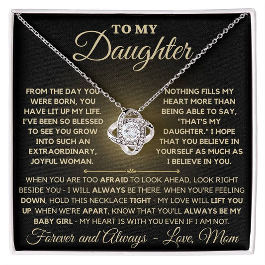 To My Daughter Love Mom - Love Knot Necklace - Gold Message Card