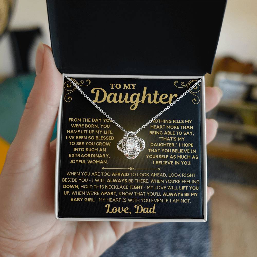 To My Daughter Love Dad - Love Knot Necklace - Gold Message Card