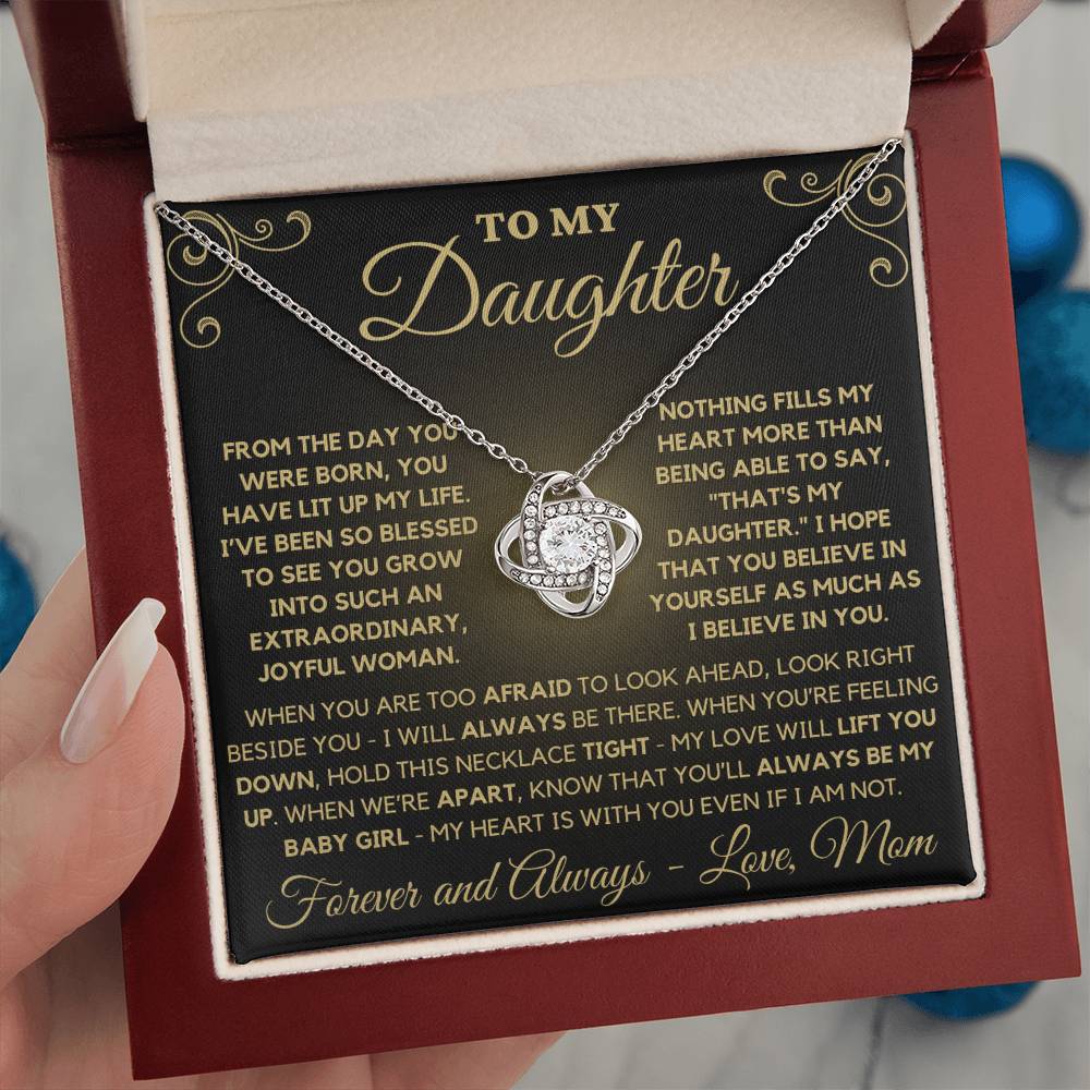 To My Daughter Love Mom - Love Knot Necklace - Gold Background