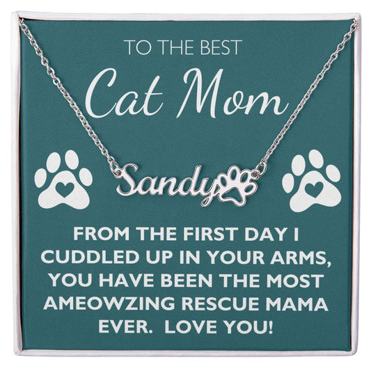 Best Rescue Cat Mom - Custom Name Paw Necklace