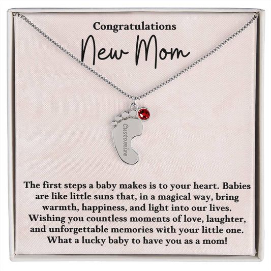 Congratulations New Mom - Engraved Baby Feet Necklace