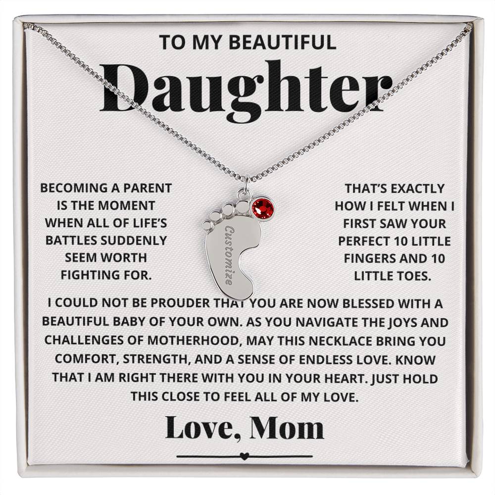 To My Beautiful New Mom Daughter from Mom - Engraved Baby Feet Necklace with Birthstone