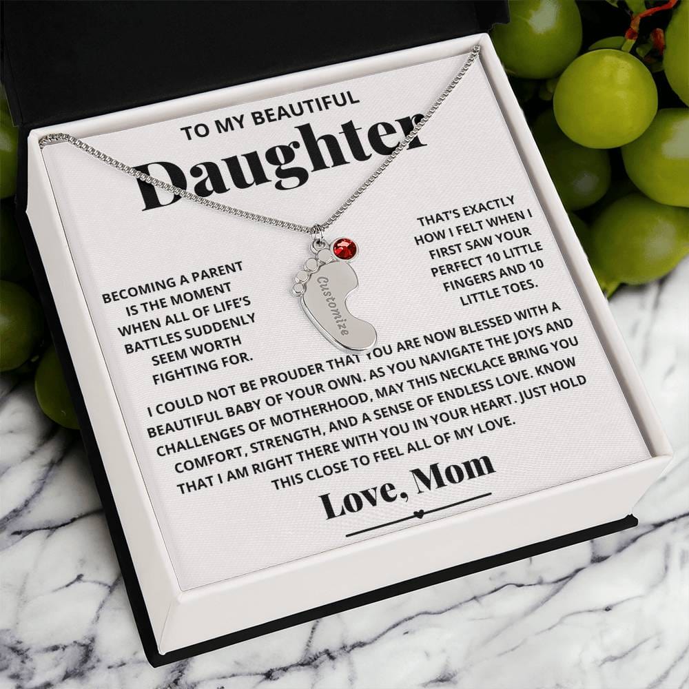 To My Beautiful New Mom Daughter from Mom - Engraved Baby Feet Necklace with Birthstone