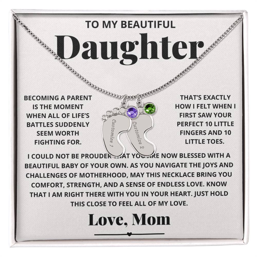 To My Beautiful New Mom Daughter from Mom - Engraved Baby Feet Necklace with Birthstone