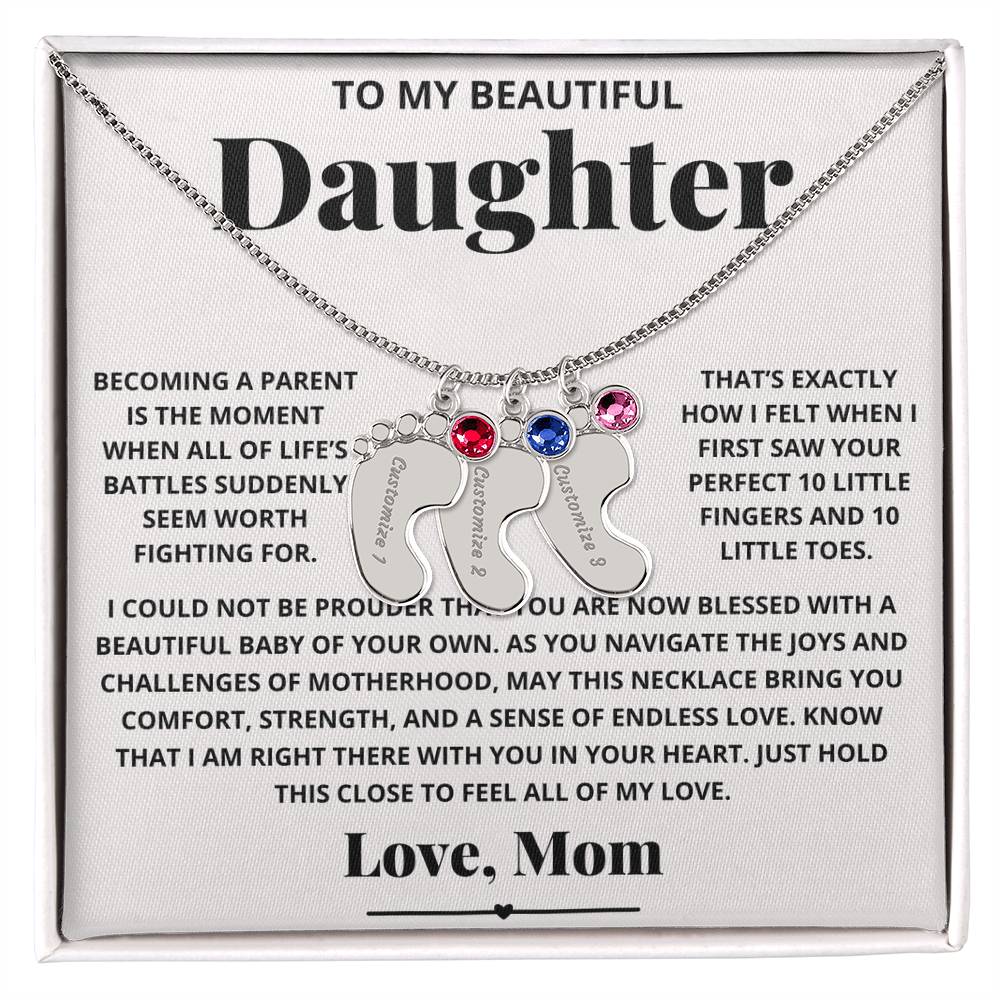 To My Beautiful New Mom Daughter from Mom - Engraved Baby Feet Necklace with Birthstone