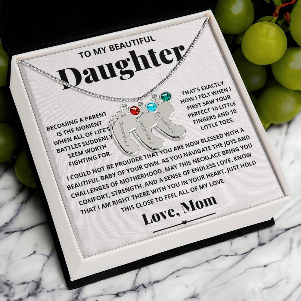 To My Beautiful New Mom Daughter from Mom - Engraved Baby Feet Necklace with Birthstone