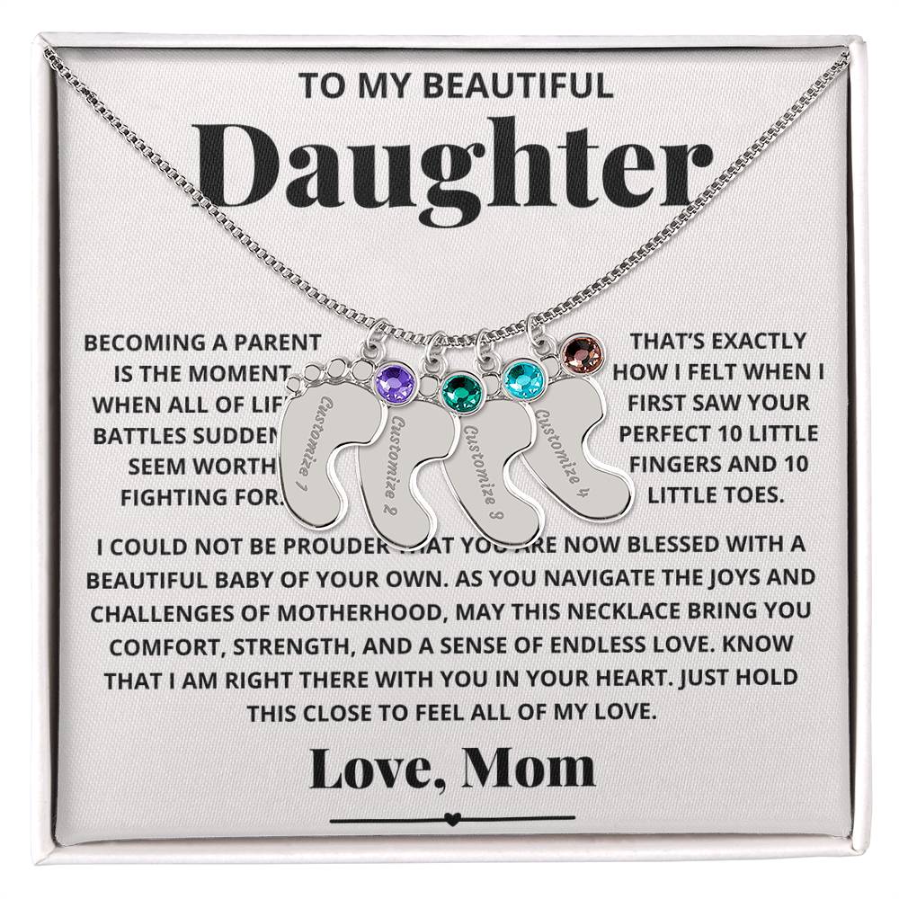 To My Beautiful New Mom Daughter from Mom - Engraved Baby Feet Necklace with Birthstone