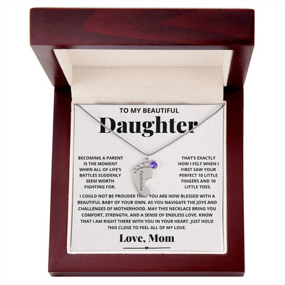 To My Beautiful New Mom Daughter from Mom - Engraved Baby Feet Necklace with Birthstone